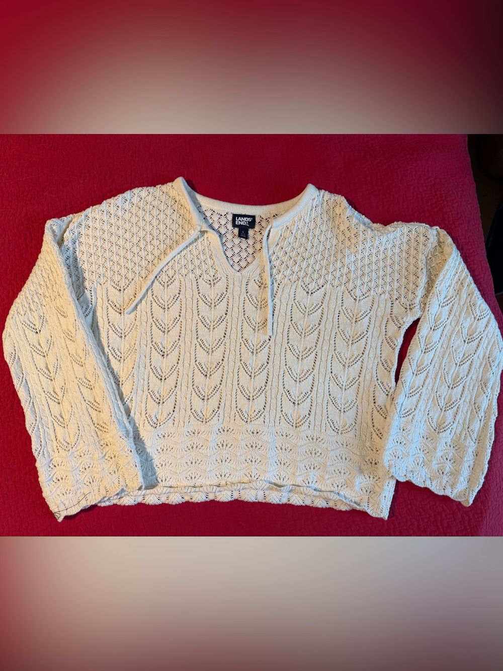 Lands' End Ivory Open-Knit V-Neck Sweater